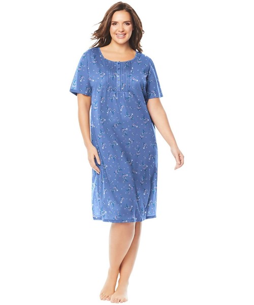 Nightgowns & Sleepshirts Women's Plus Size Pintuck Cooling Sleepshirt - 30/32- French Blue Bouquet Nightgown - C0190LE6GTK