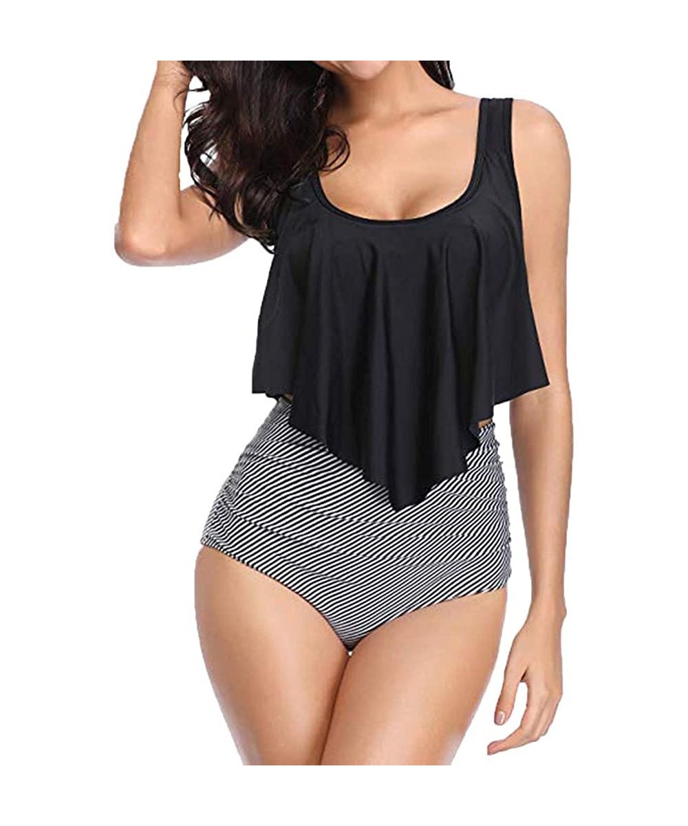 Tops Plus Size Swimwear for Women- Two Piece High Weist Stripe Printed Sexy Backless Swimsuit - Black - CJ195HIN9C4