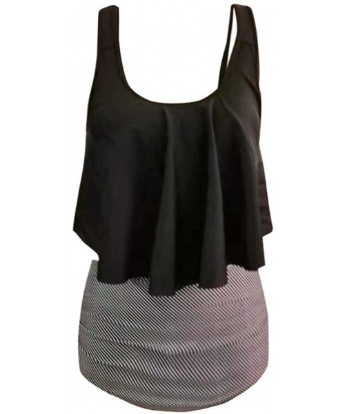 Tops Plus Size Swimwear for Women- Two Piece High Weist Stripe Printed Sexy Backless Swimsuit - Black - CJ195HIN9C4