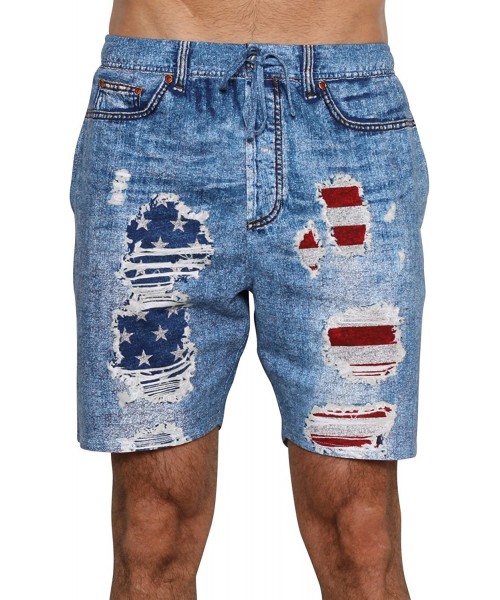 Sleep Bottoms Men's Vintage USA Flag Pajama Lounge Pants or Shorts Stars and Stipes - Blue Denim - Shorts - CI199IHEILM