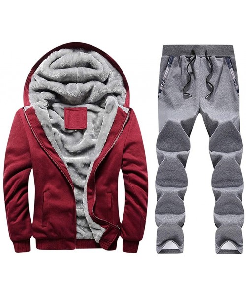 Sleep Sets Mens 2 PCs Sweatsuits Hoodies Tracksuit Jacket+Pant Thick Warm Fur Inside Sherpa Lined Zip Hooded Coat & Trousers ...