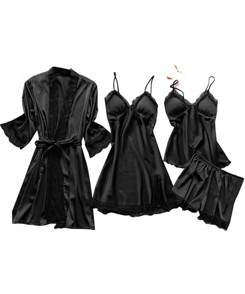 Slips Sexy Pajamas Set for Women Silky Sleepwear Sets Silk Satins Lace Strap Nightdress Robe Shorts & Cami Nightwear Home Wea...