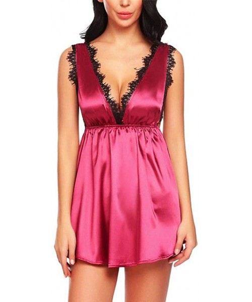 Slips Women Sexy Lingerie Lace V Collar Comfortable Lingerie Sleepwear - Hot Pink - CZ18ZW4UN79