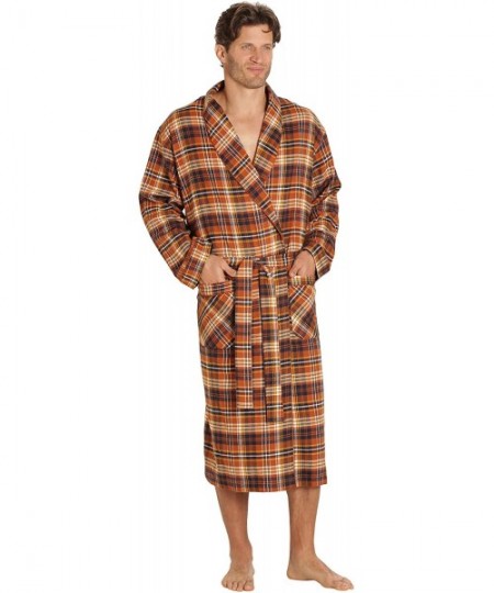 Robes Mens Flannel Robe- Shawl Collar Lightweight 100% Cotton Bathrobe - Rusty Brown Plaid - CD187WTETMR