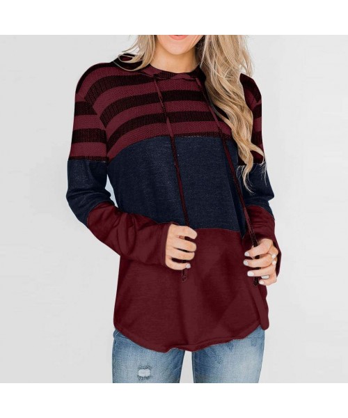 Tops Women Hoodies Sweatshirt Striped Color Block Drawstring Pullover Top - Wine - C21937OGR45