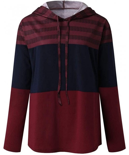 Tops Women Hoodies Sweatshirt Striped Color Block Drawstring Pullover Top - Wine - C21937OGR45