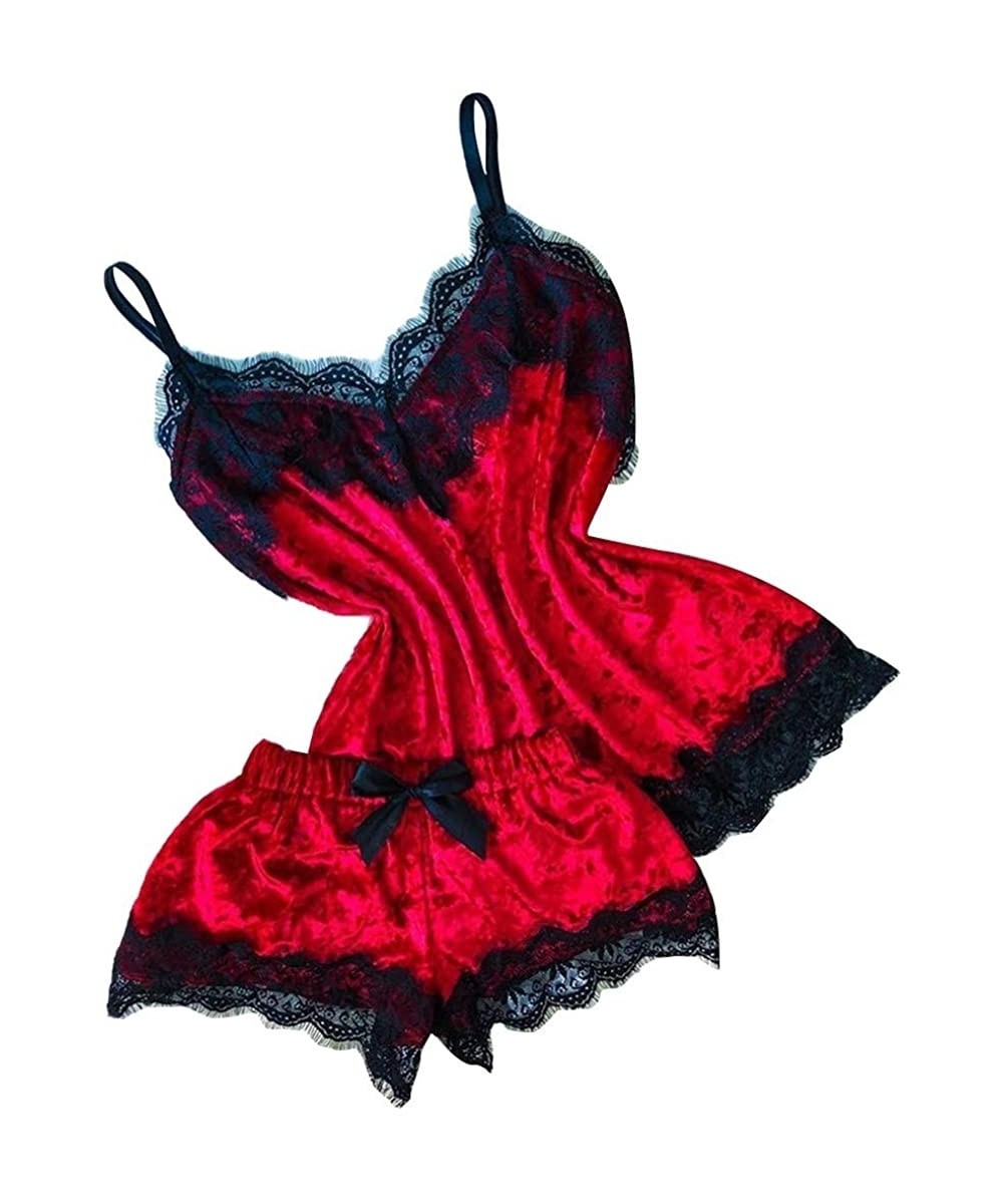 Nightgowns & Sleepshirts Women Pajamas Set Satin Silk Cami Set Silky Lace Nightwear Short Sleepwear Lingerie - E Red - CU194W...