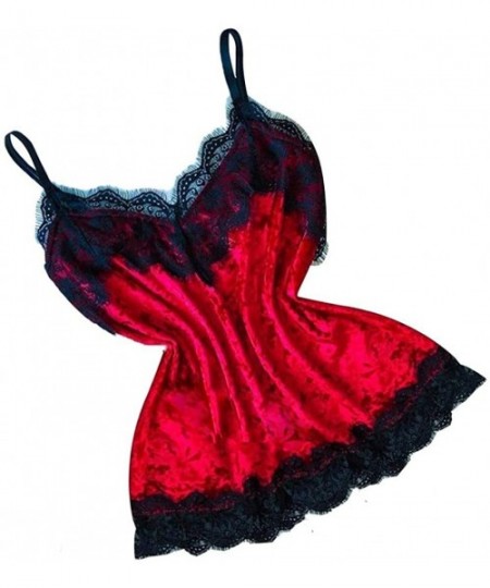 Nightgowns & Sleepshirts Women Pajamas Set Satin Silk Cami Set Silky Lace Nightwear Short Sleepwear Lingerie - E Red - CU194W...