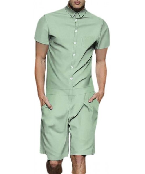 Sleep Sets Mens Fashion Short Sleeve Jumpsuit Button Down Shorts Rompers Overalls - 4 - CY18W3USL5H