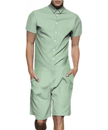 Sleep Sets Mens Fashion Short Sleeve Jumpsuit Button Down Shorts Rompers Overalls - 4 - CY18W3USL5H
