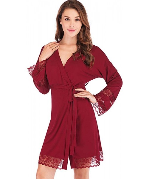 Robes Women Robe Soft Kimono Robes Cotton Bathrobe Sleepwear Loungewear Short - Burgundy2 - CI18WG237QI