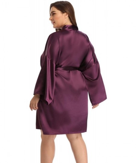 Robes Women's Plus Size Satin Robes Short Silky Bathrobes Bridesmaid Party Dressing Gown - Purple - C218A8XCW74