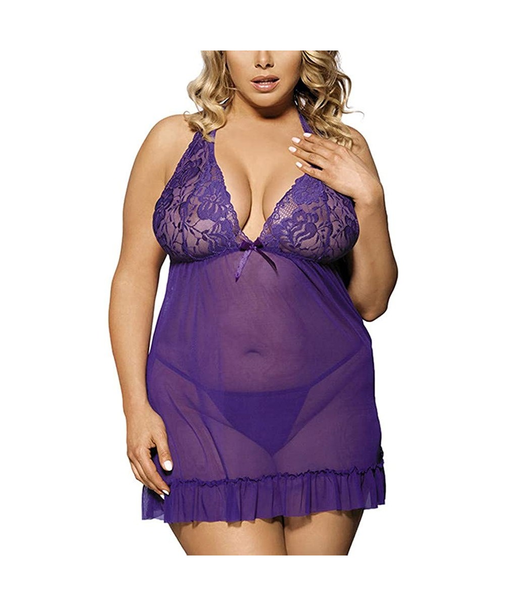 Baby Dolls & Chemises Babydoll Lingerie for Women Sexy Nightgowns for Bride Lace Chemise Lingerie Nighty - Purple - CE197EURHZX