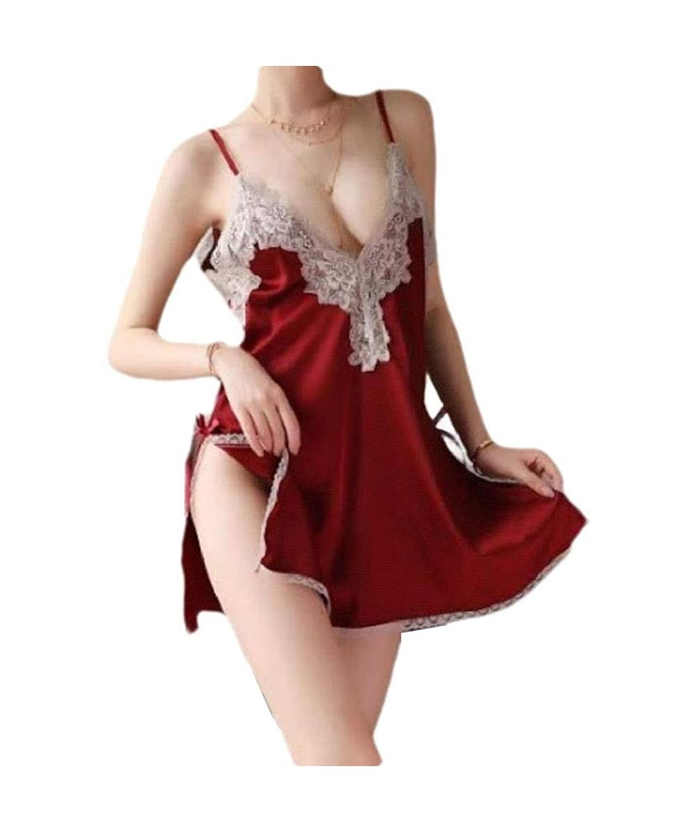Nightgowns & Sleepshirts Women's Sling Lace Patchwork Split Charmeuse Summer Sexy Nightgown - Wine Red - C4199SNGN0L