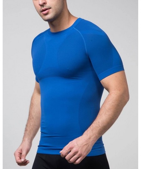Shapewear Men's Crew Neck Corset Body Shaper Short-Sleeve Compression T-Shirt Undershirts Shapewear - Blue - CU18D34ZTZX