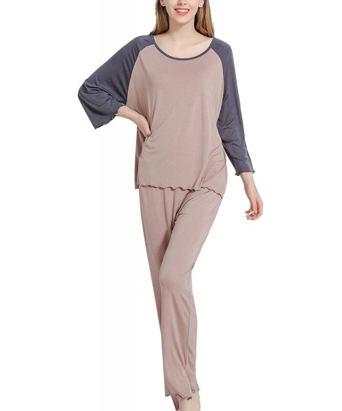 Sets Women's Soft PJ Set Pajamas 3/4 Sleeves Trousers Loose Tops Casual Loungewear Kit - Khaki - C618Z56EG7Q