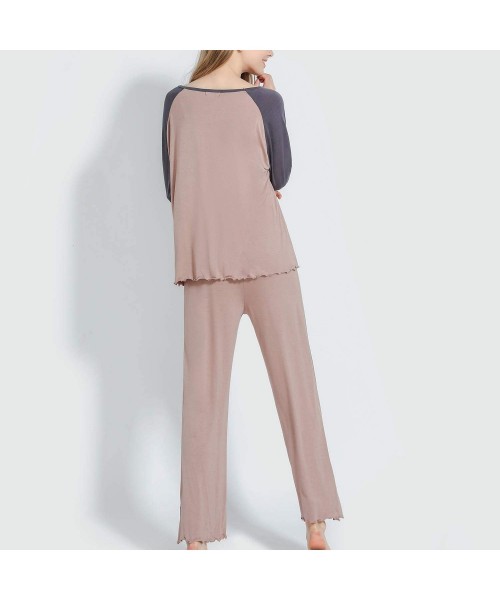 Sets Women's Soft PJ Set Pajamas 3/4 Sleeves Trousers Loose Tops Casual Loungewear Kit - Khaki - C618Z56EG7Q