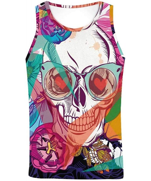 Undershirts Men's Muscle Gym Workout Training Sleeveless Tank Top Mexican Skull and Flowers - Multi8 - CG19DLOSAIK