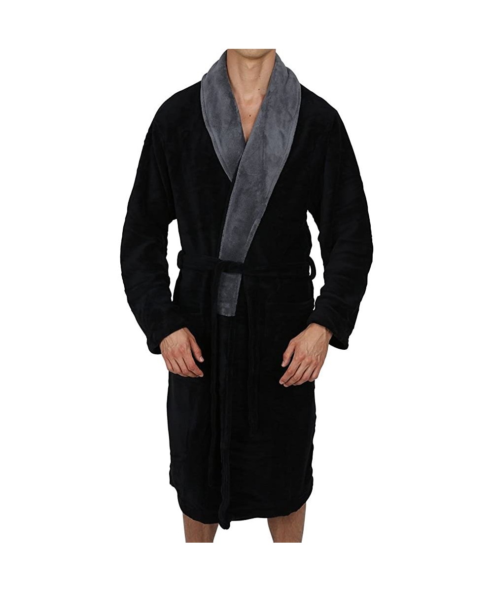 Robes Luxurious Men's & Womens Hooded Robe & Shawl Collar Soft Fleece Bathrobe Spa Robe - Black Contrast Grey Collar - CE1252...