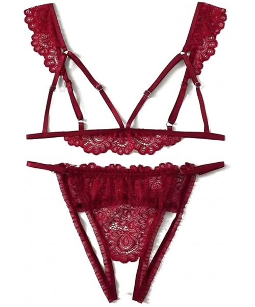 Thermal Underwear Women Underwear Bikini Flower Erotic Sleepwear Nightwear Clubwear Underpants Babydoll Pajama - Wine Red - C...