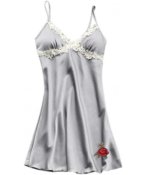 Nightgowns & Sleepshirts Sexy Lace Patchwork Nightdress for Women Sling Camisole Nightgown Sleepwear Padded Nightie - Gray - ...