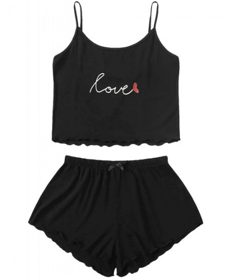Sets Women's Letter Print Cami Crop Top and Shorts 2 Piece Pajama Set - Black - CW1943EO93I