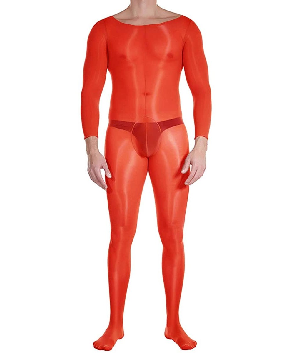 Shapewear Men's Shiny Full Body Stocking Skiny Nylon Bodysuit with Pouch Underwear - Red - CW190HQYERQ