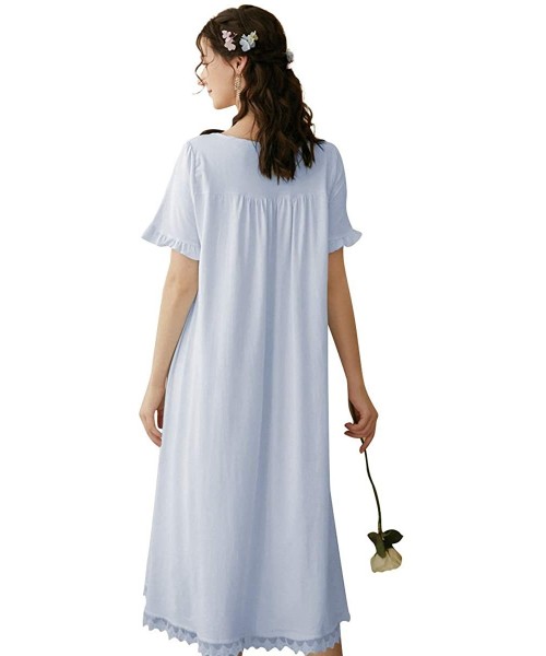 Nightgowns & Sleepshirts Women's Cotton Nightgown Short Sleeve Nightdress Vintage Victorian Nightwear SQW0002 - A-blue - CF19...