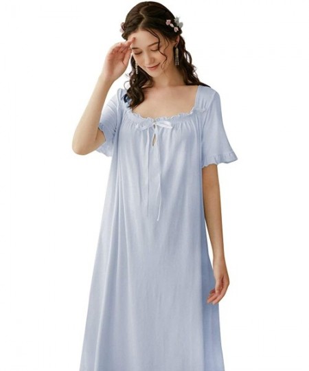 Nightgowns & Sleepshirts Women's Cotton Nightgown Short Sleeve Nightdress Vintage Victorian Nightwear SQW0002 - A-blue - CF19...