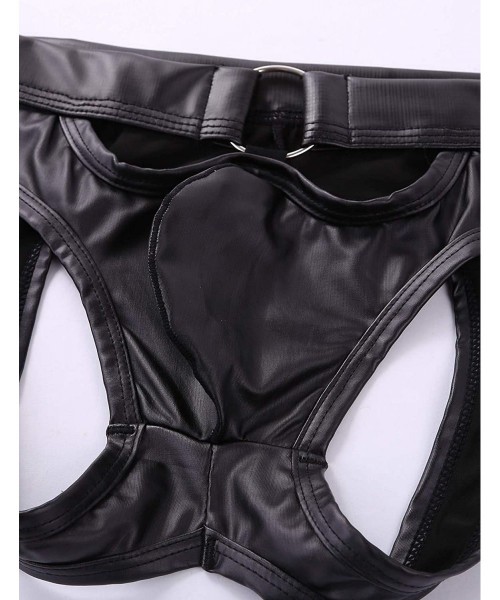 G-Strings & Thongs Men's Hollow Out Pouch Faux Leather Bikini Briefs Low Rise O-Ring Jockstrap Thong T-Back - CM199I673Q9