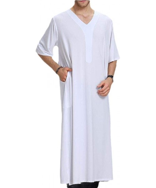 Robes Men's V-Neck Robe Short Sleeve Kaftan Thobe Long Gown Casual Shirts - White - CV198HIWWTI