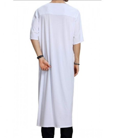 Robes Men's V-Neck Robe Short Sleeve Kaftan Thobe Long Gown Casual Shirts - White - CV198HIWWTI