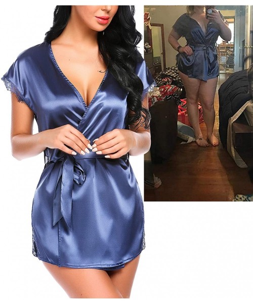 Robes Women Lingerie Robe Satin Lace Trim Sexy Kimono Robes with Inside Ties - Gray Blue - CF1890SS5R2
