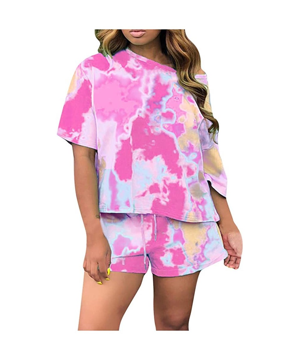 Sets Tie Dye Lounge Sets for Women Womens Tie Dye Printed Lounge Set Short Sleeve Tops and Shorts 2 Piece Pajamas Set Pink - ...