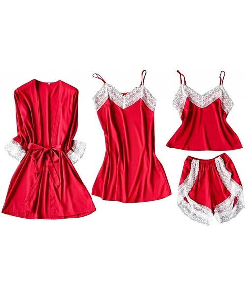Thermal Underwear Women Sexy Satin Silk Pajamas Lingerie Lace Sleepwear Short Sleeve Underwear S-3XL - E-red - CS1944MDTY0