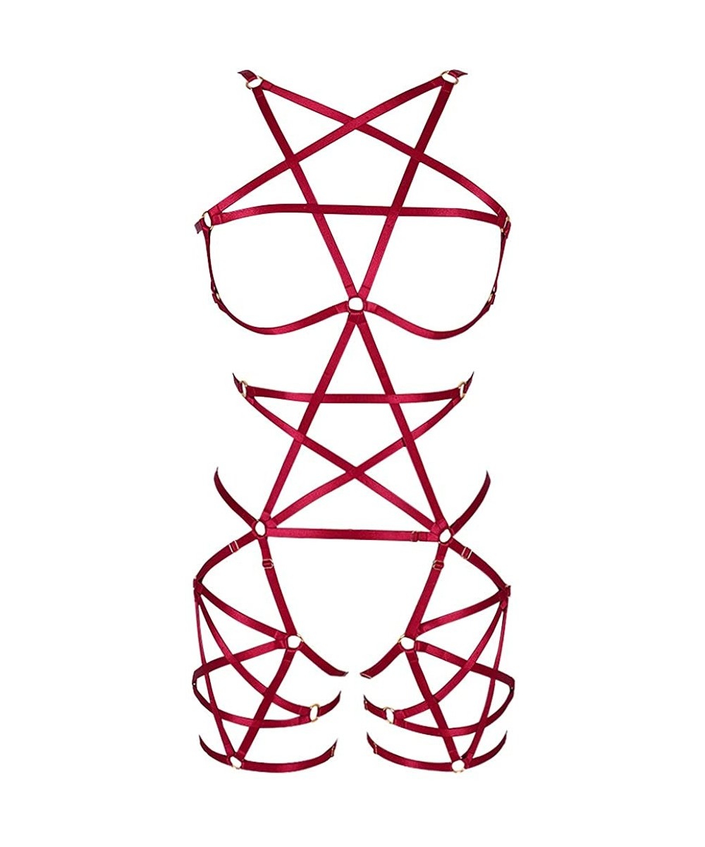 Garters & Garter Belts Female Body Harness Garter Punk Gothic Pentagram Caged Bra Plus Size Garter Set - Mlcn0125-wine Red - ...