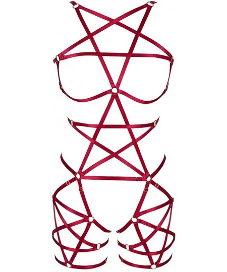 Garters & Garter Belts Female Body Harness Garter Punk Gothic Pentagram Caged Bra Plus Size Garter Set - Mlcn0125-wine Red - ...