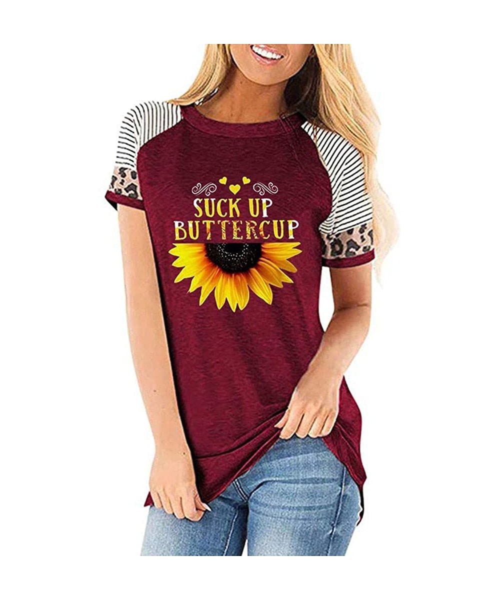 Tops Women's Sunflower Leopard Patchwork Short Sleeve O-Neck Print Casual Top T-Shirt - Wine - CF197M9UNLE