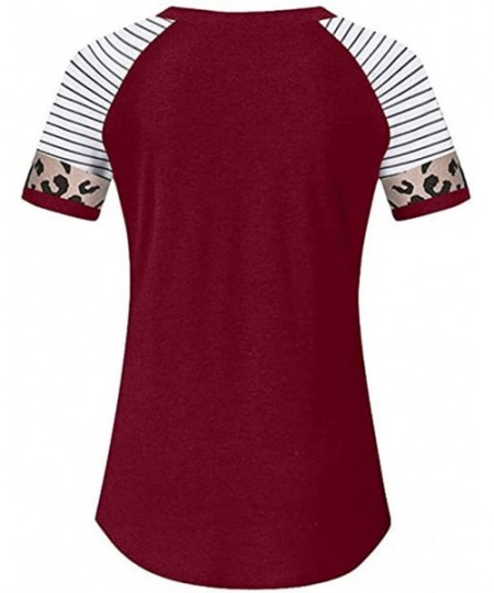Tops Women's Sunflower Leopard Patchwork Short Sleeve O-Neck Print Casual Top T-Shirt - Wine - CF197M9UNLE