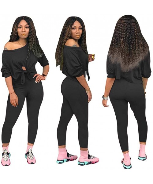 Sets 2 Piece Sets for Women Sexy Long Sleeve Front Tied Crop Tops + Skinny Shorts/Pants Set Workout Outfits A New Black - CF1...