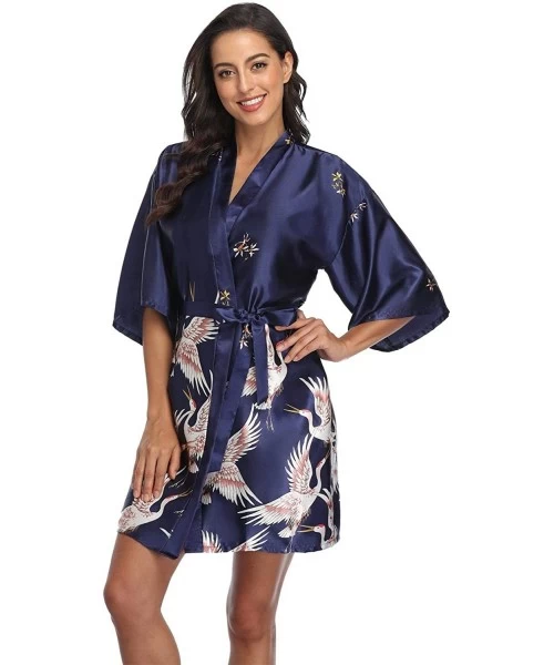 Robes Women's Short Floral Kimono Bride Bridesmaids Robe with Red-Crowned Crane for Wedding Party Robe - Navy - C3199DQW7H0