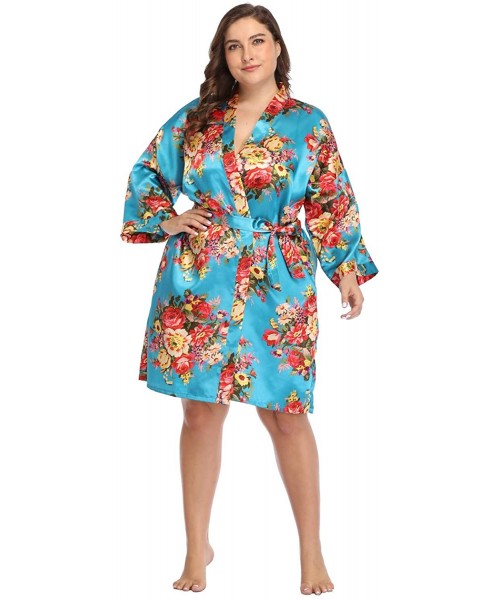 Robes Women's Plus Size Satin Robes Short Silky Bathrobes Bridesmaid Party Dressing Gown - Lake Blue Floral - CA18AOGD2XC