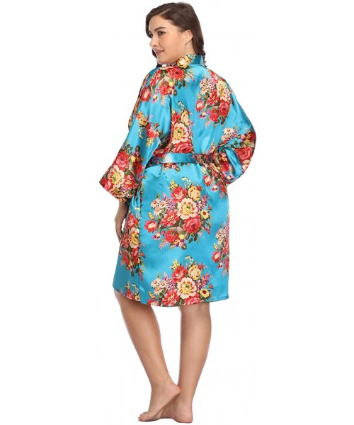 Robes Women's Plus Size Satin Robes Short Silky Bathrobes Bridesmaid Party Dressing Gown - Lake Blue Floral - CA18AOGD2XC