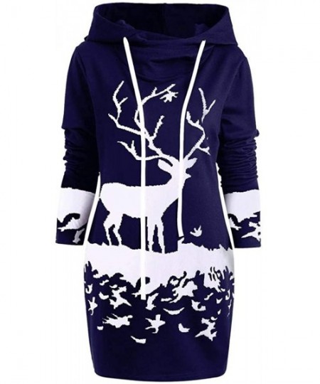 Slips Womens Hooded Christmas Monochrome Elk Printed Tops Drawstring Long Sleeve Mini Dress - Navy - CT1920KHRCW