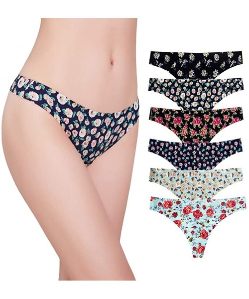 Panties Seamless Thongs Underwear for Women Nylon No Show Ladies Sexy Floral Panties Low Waisted Pack Set - Rose 6 Pack - CE1...