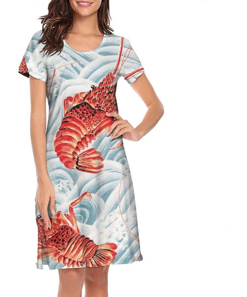 Nightgowns & Sleepshirts Womens Lobster Japaness Wave Sleepwear Printed Nightgown Elegant Nightshirt Dress Sleeping Gown Nigh...