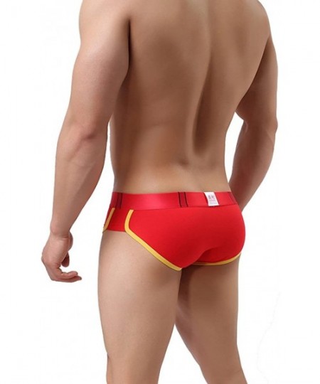 Briefs Mens Underwear Y Front Zipper Printed Slim Fit Cotton Briefs Pouch Bikini Shorts - Red - CH18682M3WE