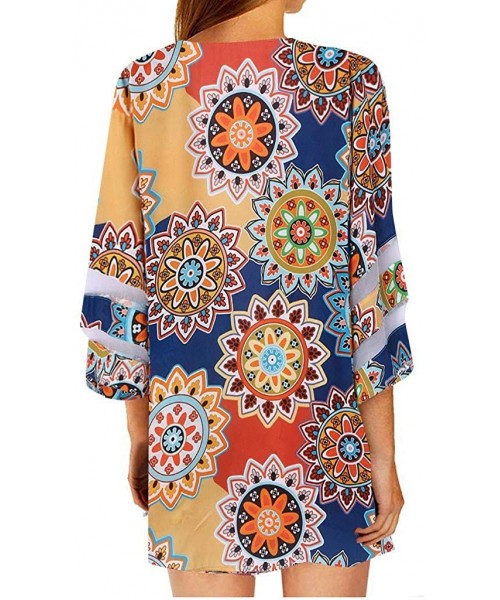 Tops Women's Chiffon Tops Blouse Print 3/4 Bell Sleeve Casual Loose Kimono Cardigan - Yellow - CT18WQRRQYH