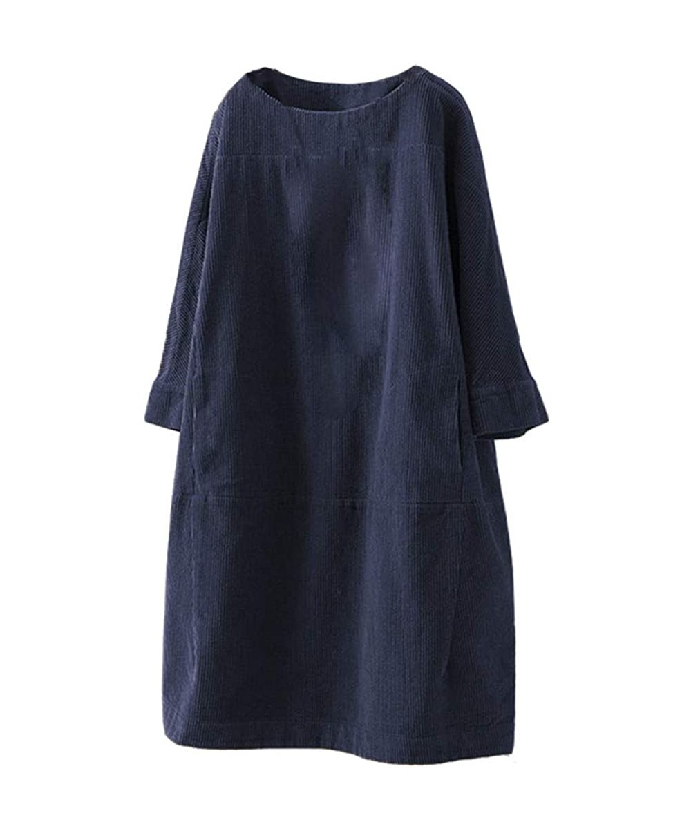 Robes Women Vintage Pockets Corduroy Solid Color Long Sleeve Loose Casual Dress Women's Casual Corduroy Dress - Navy - CC18A0...