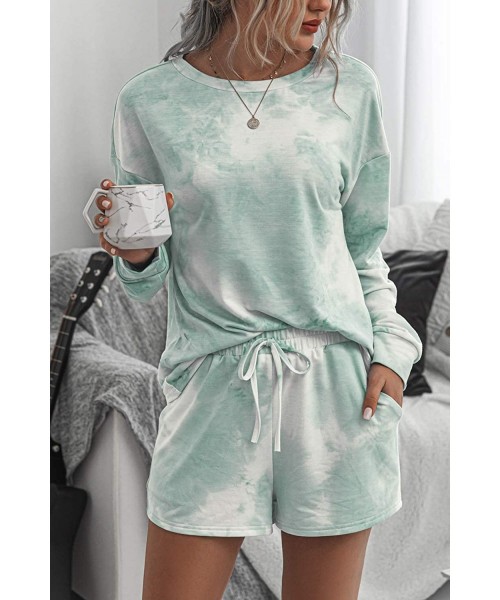 Sets Women Tie Dye Sweatsuit 2 Piece Long Sleeve Pullover Shorts Summer Loungewear Pajamas Set - 2-turquoise - C6199I6O3IG